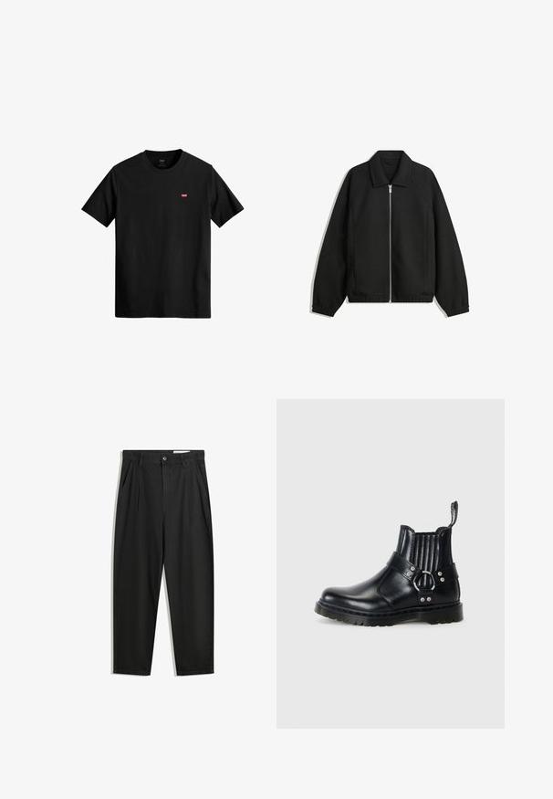 Musta takki, joka on valmistettu teksturoidusta kankaasta ja jossa on koko etuvetoketju, kaulus ja joustavat hihansuut. Takissa on rento istuvuus ja sivutaskut.; Musta puuvillapaita, jossa on pyöreä kaula-aukko, lyhyet hihat ja pieni punainen Levi's-logo vasemmassa rinnassa. Kevyt ja yksinkertainen muotoilu.; Mustat puuvillahousut rentoa mallia, joissa on klassinen vyötärö, etukangastukset ja sivutaskut. Sileä pinta ilman kuvioita.; Mustat nahkaiset nilkkurit, joissa on uurretut elastiset sivut, metallinen solki ja teksturoitu pohja paremman pidon saavuttamiseksi.