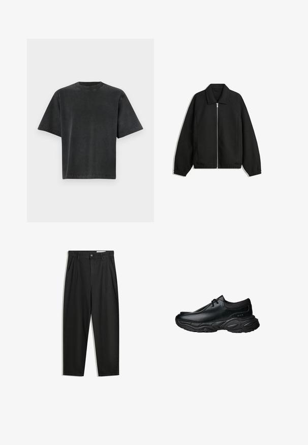 Černá bunda vyrobená z texturované látky, s plným předním zipem, límcem a elastickými manžetami, s volným střihem a bočními kapsami.; Černé oversize tričko s krátkým rukávem vyrobené z bavlny. Obsahuje kulatý výstřih a prošité lemy; hladká textura a volný, uvolněný střih.; Černé bavlněné kalhoty s uvolněným střihem, klasickým pasem, předními záhyby a bočními kapsami. Hladká textura bez vzorů.; Černé kožené nazouvací boty s kulatou špičkou a silnou texturovanou gumovou podrážkou. Mají jemné švy a elastické akcenty kolem límce.