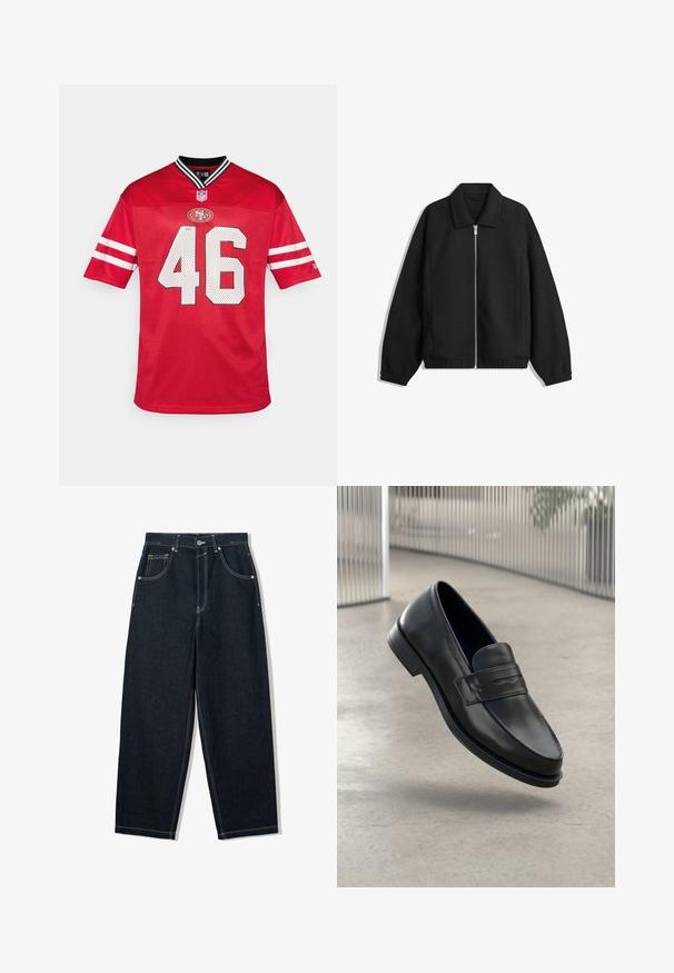 Musta takki, joka on valmistettu teksturoidusta kankaasta ja jossa on koko etuvetoketju, kaulus ja joustavat hihansuut. Takissa on rento istuvuus ja sivutaskut.; Punainen NFL-paita, jossa on verkkokangas, lyhyet hihat valkoisilla raidoilla, musta-valkoinen kaulus ja numero 46 suurilla valkoisilla merkeillä.; Laineet lahkeet, tummista denimiä, joissa on kontrastivalkoiset tikkaukset, viisi taskua ja nappisuljenta. Ominaisuutena korkea vyötärö.; Mustat nahkaiset loaferit, joissa on sileä pinta, kärjekäs kärki ja koristeellinen remmi jalkapöydän yli. Kevyt pohja, minimalistinen muotoilu.