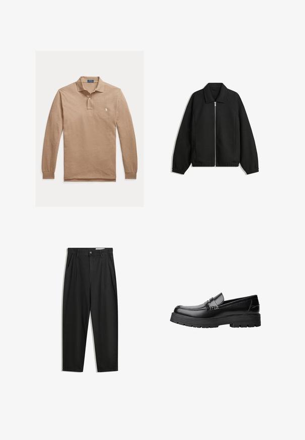 Czarna kurtka z teksturowanej tkaniny, z pełnym zamkiem z przodu, kołnierzem i elastycznymi mankietami, o luźnym kroju i kieszeniach po bokach.; Polo Ralph Lauren Big & Tall - Koszulka polo; Czarne bawełniane spodnie o luźnym kroju, z klasycznym pasem, przednimi plisy oraz bocznymi kieszeniami. Gładka struktura, bez wzorów.; Czarne skórzane mokasyny z grubą, bieżnikowaną podeszwą i dekoracyjnym paskiem na górze, pokazane w lewym profilu na białym tle.