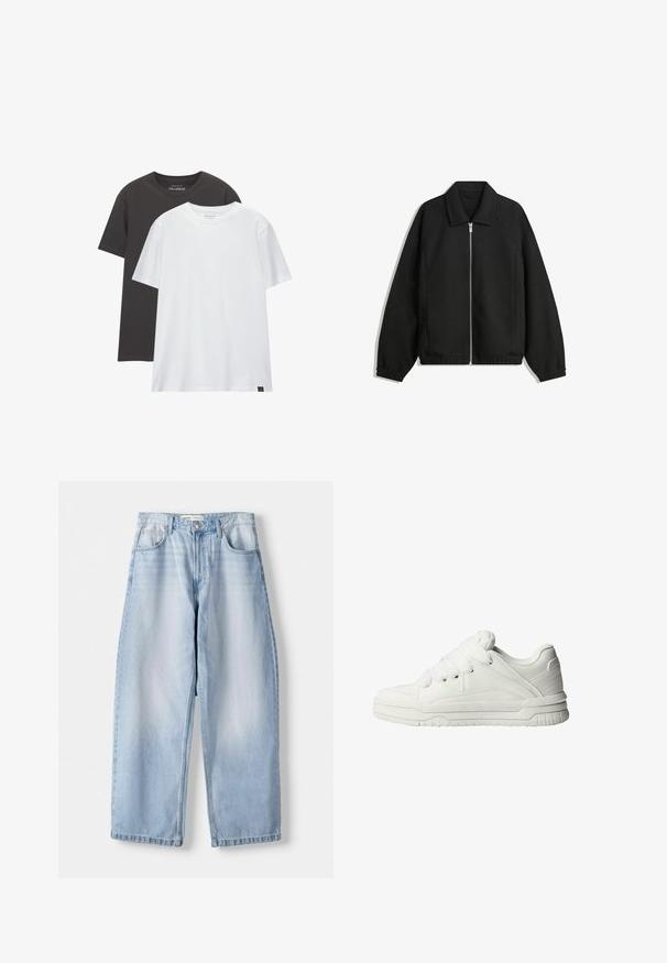 Giacca nera in tessuto texturizzato, con zip frontale a tutta lunghezza, colletto e polsini elasticizzati, dalla vestibilità rilassata e con tasche laterali.; Due t-shirt di taglio regolare: una nera e una bianca, realizzate in morbido cotone. Ognuna presenta un collo a girocollo e maniche corte senza motivi.; Jeans a gamba larga in denim blu chiaro con vita media, design a cinque tasche e leggera scoloritura; rifiniti con un orlo dritto e passanti per cintura.; Sneaker bianche con un esterno in pelle liscia, linguetta imbottita, lacci piatti e accenti testurizzati sui lati e sul tallone.