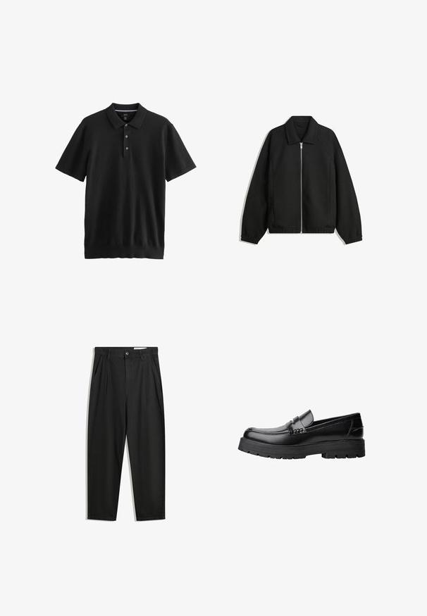 Čierna bunda vyrobená z textúrovaného materiálu, s plným predným zipsom, golierom a elastickými manžetami, so voľnejším strihom a bočnými vreckami.; Čierna polokošeľa s krátkym rukávom vyrobená z hladkej tkaniny. Má golier s tromi gombíkmi a rovný lem. Minimalistický dizajn.; Čierne bavlnené nohavice s voľným strihom, s klasickým pásom, prednými záhybmi a bočnými vreckami. Hladká textúra bez vzorov.; Čierne kožené mokasíny s masívnou podrážkou a dekoratívnym pásom cez hornú časť, zobrazené z ľavého bočného profilu na bielom pozadí.