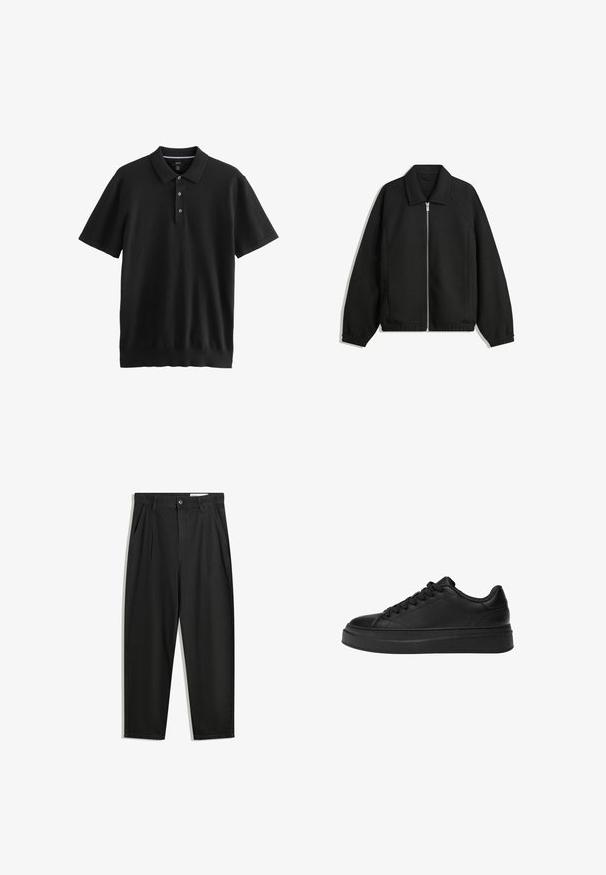 Svart jacka i strukturerad tyg, med full dragkedja framtill, krage och elastiska muddar, med en avslappnad passform och sidofickor.; Svart kortärmad polo med en slät tygkvalitet. Har en krage med tre knappar och rak nederkant. Minimalistisk design.; Svarta bomullsshorts med avslappnad passform, med en klassisk midja, framveck och sidfickor. Slät textur utan mönster.; Svart sneaker i slät läder, med rund tå, tjock plattformssula och traditionell snördesign med sex öglor.