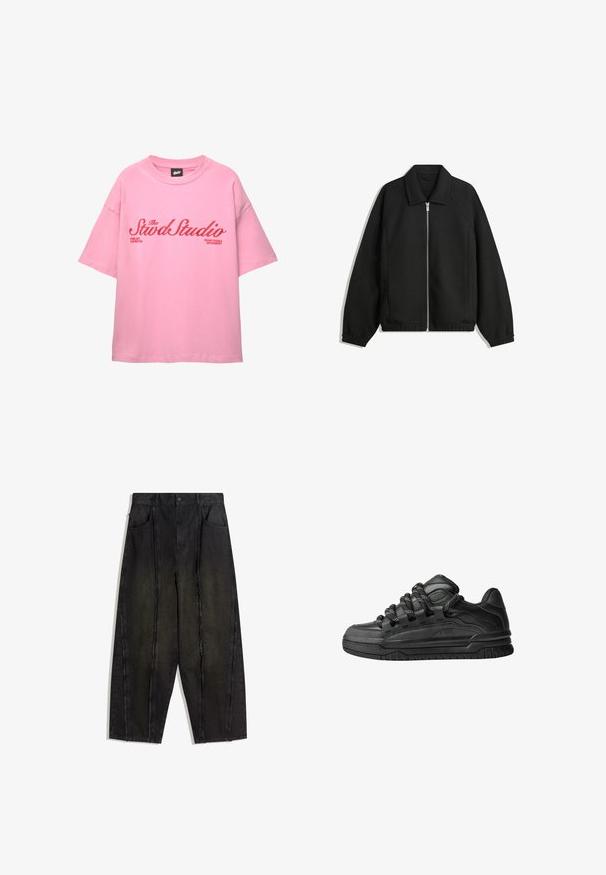 Černá bunda vyrobená z texturované látky, s plným předním zipem, límcem a elastickými manžetami, s volným střihem a bočními kapsami.; Růžové tričko s krátkým rukávem vyrobené z bavlny, které má červený nápis "The Stwd Studio" a "Fine Art Exhibition" s volným, uvolněným střihem.; Černé široké džíny s viditelnými švy a ztrhanými okraji, se dvěma předními kapsami a vysokým pasem.; Černé tenisky s hladkým koženým svrškem, texturovanými akcenty a kulatými černobílými tkaničkami. Silná gumová podrážka s vzorovaným dezénem.