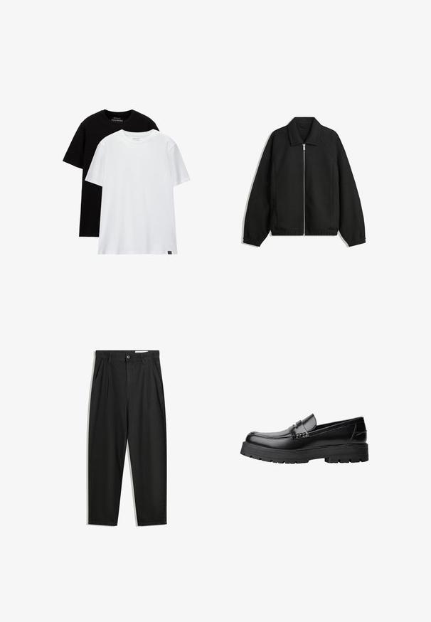 Černá bunda vyrobená z texturované látky, s plným předním zipem, límcem a elastickými manžetami, s volným střihem a bočními kapsami.; Dvě trička s regular fit, jedno černé a jedno bílé, vyrobené z bavlny. Každé má kulatý výstřih a krátké rukávy. Jednoduchý design, bez vzorů.; Černé bavlněné kalhoty s uvolněným střihem, klasickým pasem, předními záhyby a bočními kapsami. Hladká textura bez vzorů.; Černé kožené mokasíny s masivní podrážkou a dekoračním páskem přes horní část, zobrazené v levém bočním profilu na bílém pozadí.