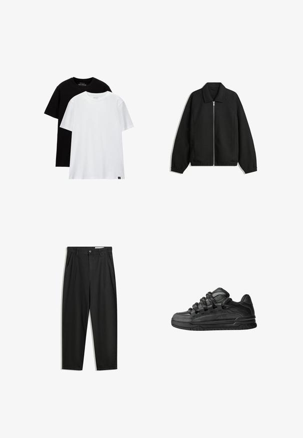 Jachetă neagră dintr-un material texturat, cu fermoar frontal complet, guler și manșete elastice, având o croială lejeră și buzunare laterale.; Două tricouri cu croială normală, unul negru și unul alb, realizate din bumbac. Fiecare are un guler rotund și mâneci scurte. Design simplu, fără modele.; Pantaloni negri din bumbac cu croială lejeră, având un brâu clasic, plii frontale și buzunare laterale. Textură netedă fără modele.; Adidași negri cu o parte superioară din piele netedă, accente texturate și șireturi rotunde negre și albe. Talpă groasă din cauciuc cu un profil texturat.