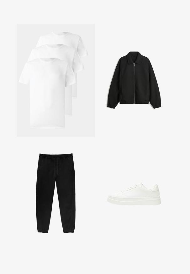 Black jacket made of textured fabric, featuring a full front zip, collar, and elastic cuffs with a relaxed fit and side pockets.; Three white t-shirts made of cotton, featuring a crew neck, short sleeves, and a smooth, plain texture with no visible patterns or accents.; Black elastic waistband pants with a drawstring, tapered legs, side pockets, and subtle side stitching details. Soft cotton fabric texture.; White sneaker with a smooth leather upper, flat laces, and a thick rubber sole. Minimalist design features subtle stitching and seamless accents.