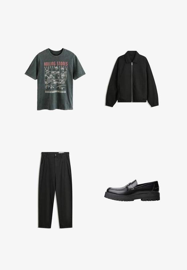 Veste noire en tissu texturé, dotée d'une fermeture éclair sur toute la longueur, d'un col et de poignets élastiques avec une coupe décontractée et des poches latérales.; Next LICENSE REGULAR - T-shirt imprimé - grey rolling stones; Pantalon en coton noir avec une coupe décontractée, dotés d'une taille classique, de plis à l'avant et de poches latérales. Texture lisse sans motifs.; Mocassin en cuir noir avec semelle épaisse à motifs et une sangle décorative sur le dessus, présenté en profil sur le côté gauche sur fond blanc.