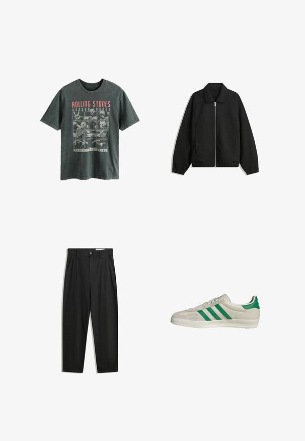 Zwarte jas van textuurstof, met een volledige rits aan de voorkant, een kraag, elastische manchetten, een ontspannen pasvorm en zijzakken.; Next LICENSE REGULAR - T-shirt print - grey rolling stones; Zwarte katoenen broeken met een losse pasvorm, voorzien van een klassieke tailleband, voorplooien en zijzakken. Gladde structuur zonder patronen.; Beige sneaker met groene strepen, voorzien van een witte zool en een bovenkant van glad leer. Zijaanzicht dat de veters en het logo benadrukt.