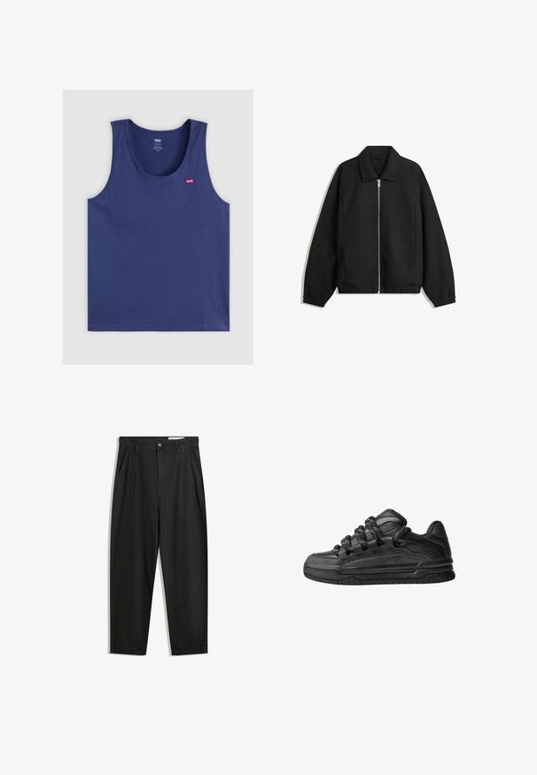 Črna jakna iz teksturirane tkanine, z dvostranskim zadrgo spredaj, ovratnikom in elastičnimi manšeti, sproščenega kroja in stranskimi žepi.; Temno modra brezrokavnik iz mehkega blaga, z zaobljenim izrezom in majhnim rdečim logotipom Levi's na levem prsnem delu.; Črne bombažne hlače s sproščenim krojem, ki vključujejo klasičen pas, sprednje gube in stranske žepke. Gladka tekstura brez vzorcev.; Črne superge z gladkim usnjenim zgornjim delom, teksturiranimi detajli in okroglimi črnimi ter belimi vezalkami. Debel gumijast podplat z vzorčastim profilom.