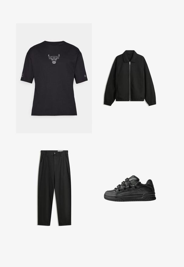 Črna jakna iz teksturirane tkanine, z dvostranskim zadrgo spredaj, ovratnikom in elastičnimi manšeti, sproščenega kroja in stranskimi žepi.; Črna majica s kratkimi rokavi z rebrasto teksturo, ki ima izvezen logotip bika v beli barvi na prsih in majhen detajl na rokavu.; Črne bombažne hlače s sproščenim krojem, ki vključujejo klasičen pas, sprednje gube in stranske žepke. Gladka tekstura brez vzorcev.; Črne superge z gladkim usnjenim zgornjim delom, teksturiranimi detajli in okroglimi črnimi ter belimi vezalkami. Debel gumijast podplat z vzorčastim profilom.
