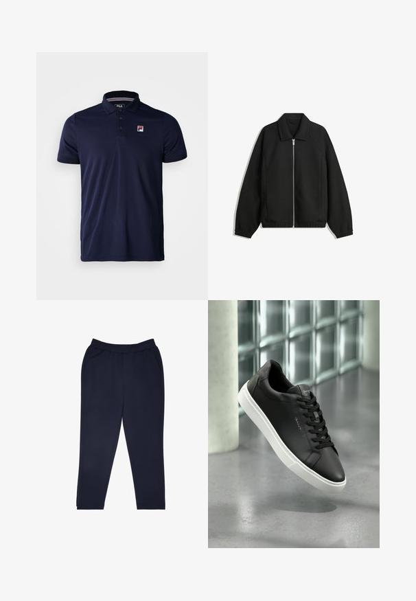 Musta takki, joka on valmistettu teksturoidusta kankaasta ja jossa on koko etuvetoketju, kaulus ja joustavat hihansuut. Takissa on rento istuvuus ja sivutaskut.; T-paita tummansinisestä kankaasta, jossa on sileä pinta, kolme nappia edessä, ribbireunus kauluksessa ja pieni FILA-logo vasemmassa rinnassa.; Tummansinisiä urheiluhousuja, jotka on valmistettu pehmeästä kankaasta. Housuissa on joustava vyötärö, sivutaskut ja kapeneva lahjesuunsuunnittelu.; Mustat nahkalenkkarit valkoisella kumipohjalla, pyöreällä kärjellä ja nauhoilla. Ominaisuuksiin kuuluu sileä pinta ja hillitty brändäys kielekkeessä.