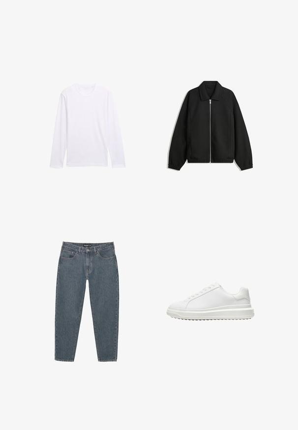 Giacca nera in tessuto texturizzato, con zip frontale a tutta lunghezza, colletto e polsini elasticizzati, dalla vestibilità rilassata e con tasche laterali.; Maglietta bianca a maniche lunghe con scollo rotondo, in morbido cotone e design semplice, senza decorazioni. Nessun logo o motivo visibile.; Jeans in denim blu scuro con vestibilità comoda, design a cinque tasche, chiusura con bottone e orlo leggermente sfilacciato. Materiale resistente con una texture sottile.; Sneaker bianco con una tomaia sintetica liscia, punta rotonda, lacci piatti, suola testurizzata e un design a piattaforma stratificata per un'altezza extra.