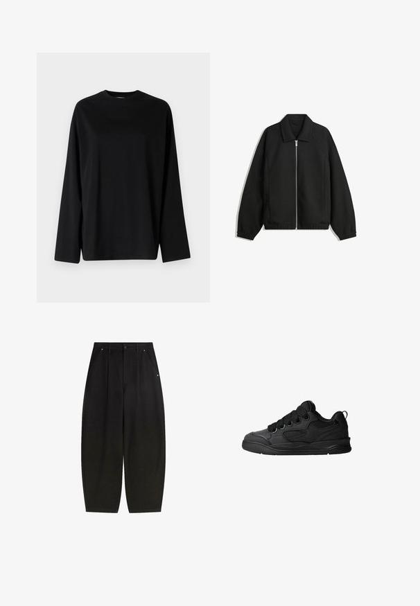 Zwarte jas van textuurstof, met een volledige rits aan de voorkant, een kraag, elastische manchetten, een ontspannen pasvorm en zijzakken.; Weekday OVERSIZED LONG SLEEVE - Longsleeve - black; Zwarte brede pantalons met frontzakken, geplooid design en een nette afwerking. Gemaakt van textuurstof met een knoopsluiting.; Zwarte sneakers met een gestructureerde bovenkant, voorzien van veters, mesh-details voor ademend vermogen, een gevoerd kraagje en een stevige zool.