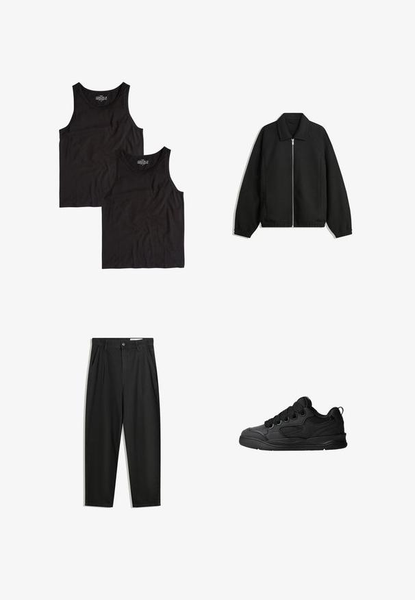 Zwarte jas van textuurstof, met een volledige rits aan de voorkant, een kraag, elastische manchetten, een ontspannen pasvorm en zijzakken.; Twee zwarte tanktops van katoen, met een eenvoudige ronde halslijn en mouwloos ontwerp, plat gelegd met een gladde textuur.; Zwarte katoenen broeken met een losse pasvorm, voorzien van een klassieke tailleband, voorplooien en zijzakken. Gladde structuur zonder patronen.; Zwarte sneakers met een gestructureerde bovenkant, voorzien van veters, mesh-details voor ademend vermogen, een gevoerd kraagje en een stevige zool.