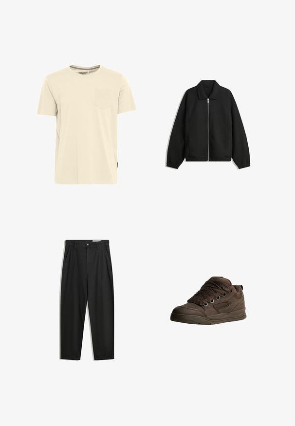 Giacca nera in tessuto texturizzato, con zip frontale a tutta lunghezza, colletto e polsini elasticizzati, dalla vestibilità rilassata e con tasche laterali.; Maglietta corta beige chiaro in cotone, con colletto rotondo e una piccola tasca sul lato sinistro del petto. Dettaglio testurizzato del colletto.; Pantaloni in cotone neri con una vestibilità rilassata, dotati di una vita classica, pieghe frontali e tasche laterali. Tessuto liscio senza fantasie.; Scarpe atletiche marroni realizzate in materiale sintetico liscio. Caratterizzate da lacci spessi, dettagli in rete, collo imbottito e suola in gomma testurizzata.