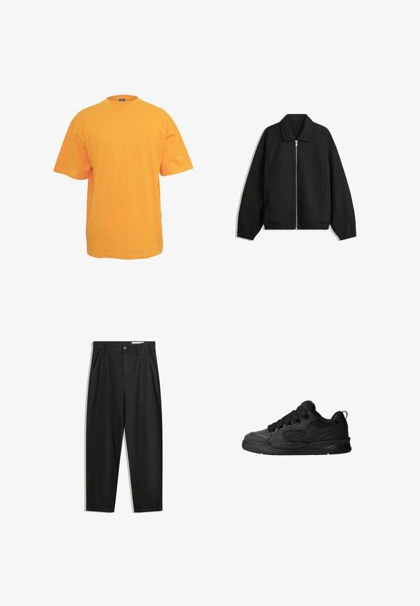 Černá bunda vyrobená z texturované látky, s plným předním zipem, límcem a elastickými manžetami, s volným střihem a bočními kapsami.; Oranžové bavlněné tričko s kulatým výstřihem, krátkými rukávy a volným střihem. Bez vzorů nebo akcentů. Hladká textura.; Černé bavlněné kalhoty s uvolněným střihem, klasickým pasem, předními záhyby a bočními kapsami. Hladká textura bez vzorů.; Černé tenisky s texturovaným svrškem, obsahující šněrování, síťované detaily pro prodyšnost, polstrovaný límec a pevnou podrážku.