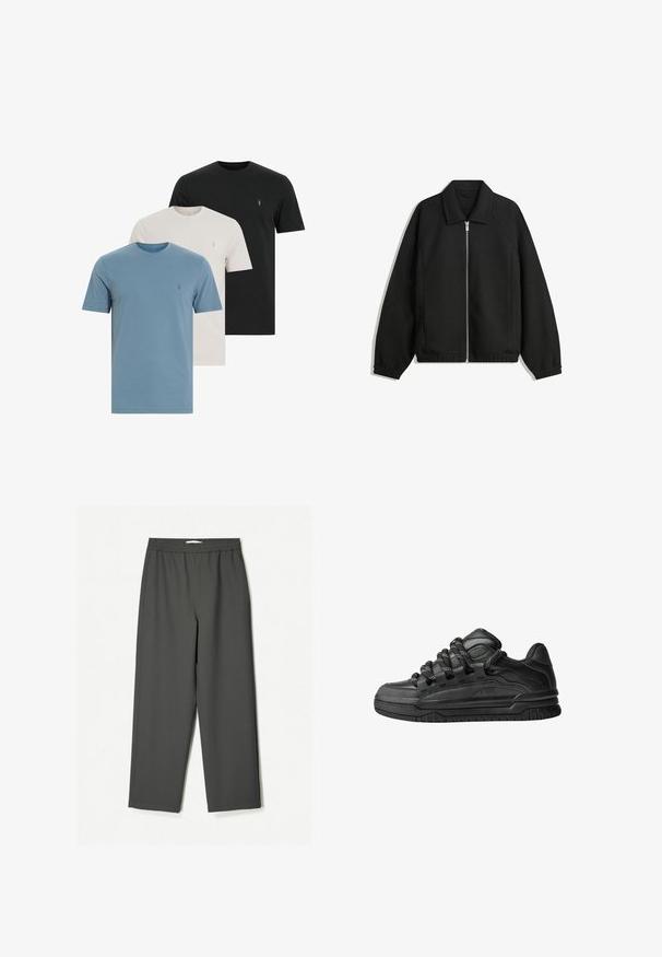 Fekete kabát texturált anyagból, teljes elöl cipzárral, gallérral és rugalmas mandzsettákkal, laza szabással és oldalsó zsebekkel.; AllSaints BRACE TONIC 3 PACK - Basic póló - blue/grey/black; Sötétszürke, magas derekú, széles szárú nadrág, könnyű anyagból. Gumírozott derék, látható minták nélkül, oldalzsebekkel.; Fekete sportcipők sima bőrből készült felső résszel, struktúrált kiegészítőkkel, valamint kerek fekete és fehér fűzőkkel. Vastag gumitalp mintázott bordázattal.