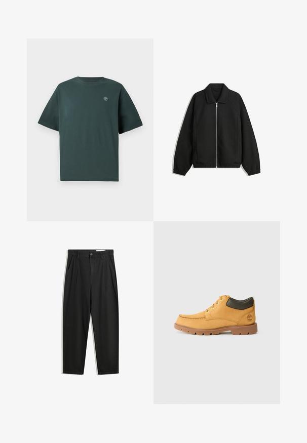 Fekete kabát texturált anyagból, teljes elöl cipzárral, gallérral és rugalmas mandzsettákkal, laza szabással és oldalsó zsebekkel.; Sötétzöld pamut póló rövid ujjakkal, kerek nyakkivágással és kis világoskék logóval a bal melleten. Simább textúra, laza szabás.; Fekete pamut nadrág laza szabással, klasszikus derékrésszel, elülső hajtásokkal és oldalsó zsebekkel. Simább textúra minta nélkül.; Sárga bőr cipő barna gumitalppal, kerek orral és zöld bőr bokadísszel. Arany fűzőlyukakkal és varrási díszítésekkel rendelkezik.