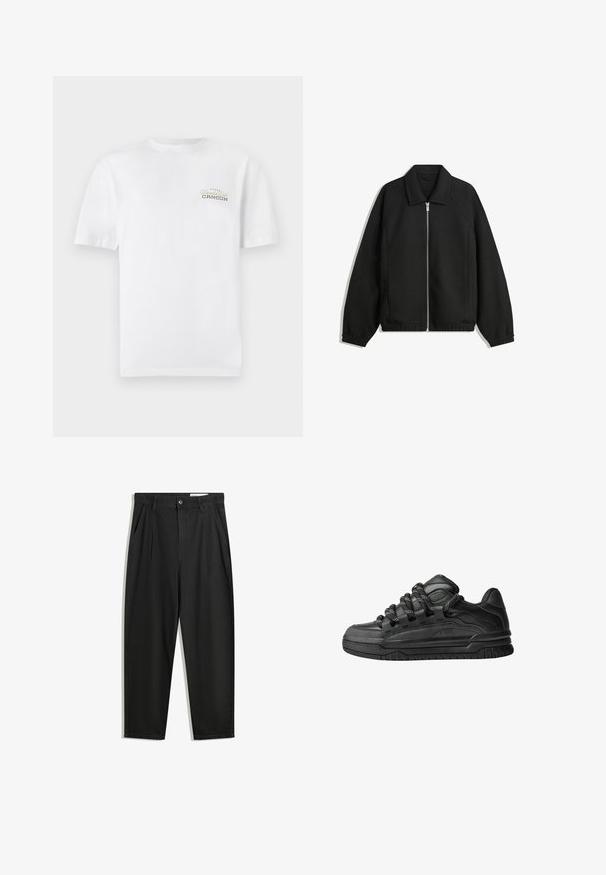Black jacket made of textured fabric, featuring a full front zip, collar, and elastic cuffs with a relaxed fit and side pockets.; White cotton t-shirt with short sleeves, crew neckline, and a small printed logo in black and gold that reads "Cancun."; Black cotton trousers with a relaxed fit, featuring a classic waistband, front pleats, and side pockets. Smooth texture without patterns.; Black sneakers with a smooth leather upper, textured accents, and round black and white laces. Thick rubber sole with a patterned tread.