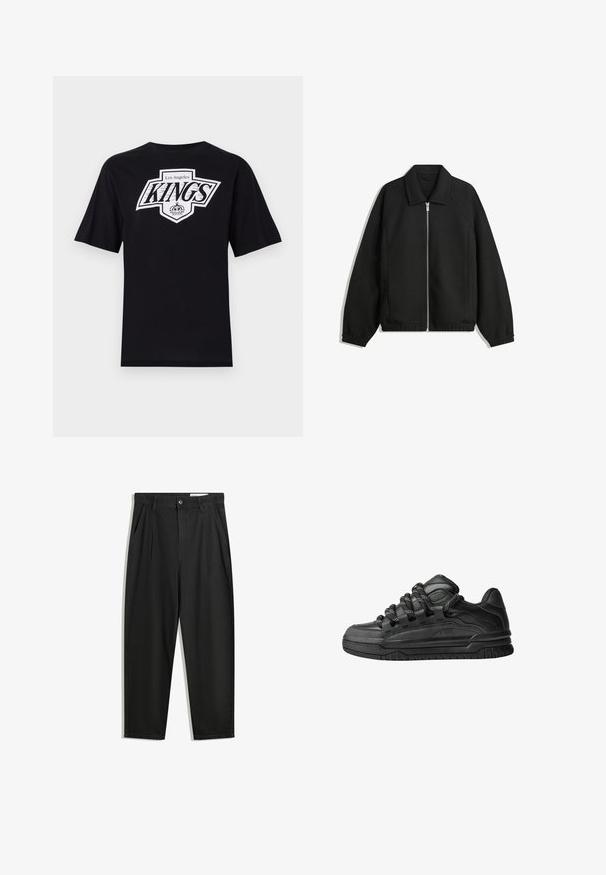 Musta takki, joka on valmistettu teksturoidusta kankaasta ja jossa on koko etuvetoketju, kaulus ja joustavat hihansuut. Takissa on rento istuvuus ja sivutaskut.; Mustat puuvillateepaidat, joissa on lyhyet hihat, etuosassa valkoisella ja harmaalla "Los Angeles KINGS" -logo, tekstin alapuolella ympyränmuotoinen kruunugrafiikka.; Mustat puuvillahousut rentoa mallia, joissa on klassinen vyötärö, etukangastukset ja sivutaskut. Sileä pinta ilman kuvioita.; Mustat tennarit, joissa on sileä nahkapinta, teksturoituja yksityiskohtia ja pyöreät musta-valkoiset nauhat. Paksu kumipohja, jossa on kuvioitu pinta.