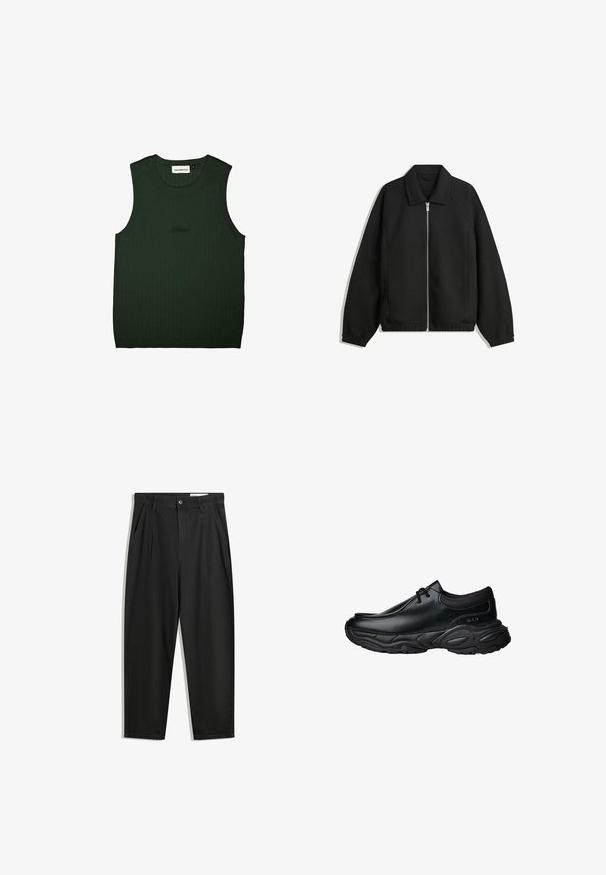 Svart jacka i strukturerad tyg, med full dragkedja framtill, krage och elastiska muddar, med en avslappnad passform och sidofickor.; Grön ribbad linne med rundad halsringning och utan ärmar. Har diskret logotyp i svart nära mitten. Mjuk textur.; Svarta bomullsshorts med avslappnad passform, med en klassisk midja, framveck och sidfickor. Slät textur utan mönster.; Svarta läder slip-on skor med rund tå och tjock strukturerad gummisula. Har subtila sömmar och elastiska detaljer vid kragen.