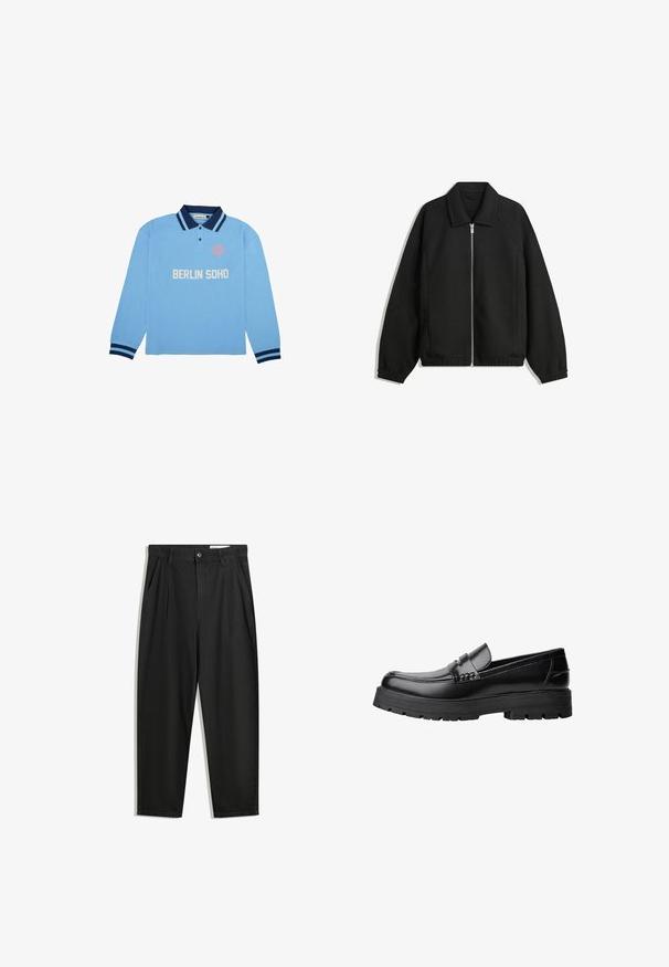 Musta takki, joka on valmistettu teksturoidusta kankaasta ja jossa on koko etuvetoketju, kaulus ja joustavat hihansuut. Takissa on rento istuvuus ja sivutaskut.; Vaaleansininen pitkähihainen polo-paita tummansinisellä kauluksella ja hihoilla, jossa on valkoinen teksti "BERLIN SOHO" ja ympyrälogo vasemmassa rinnassa.; Mustat puuvillahousut rentoa mallia, joissa on klassinen vyötärö, etukangastukset ja sivutaskut. Sileä pinta ilman kuvioita.; Musta nahkainen loaferi, jossa on paksu urheilupohja ja koristeellinen hihna yläpääkkeellä, esitettynä vasemman sivuprofiilin kuvassa valkoista taustaa vasten.