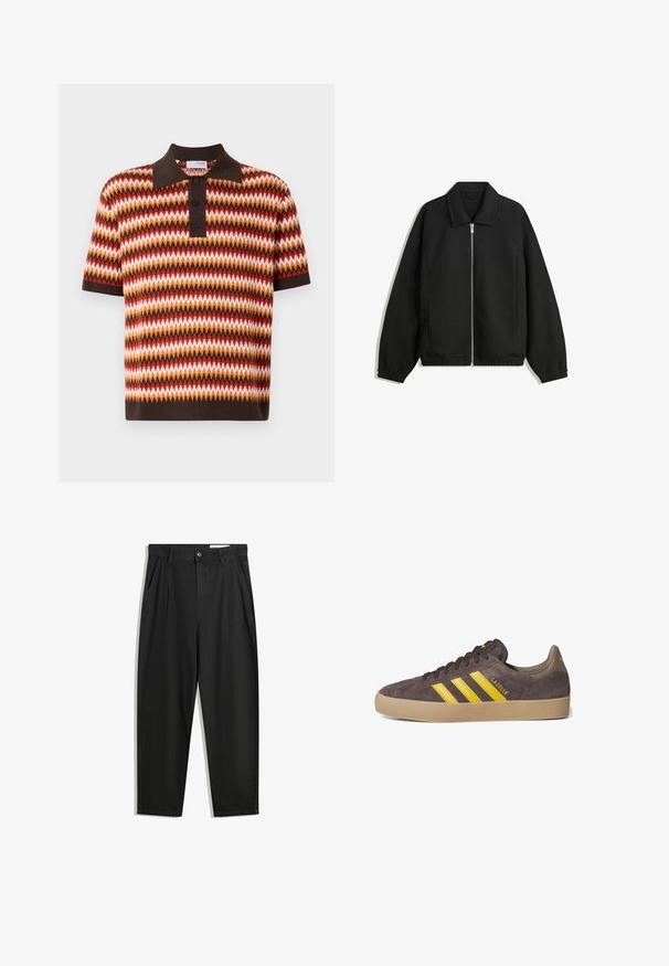 Veste noire en tissu texturé, dotée d'une fermeture éclair sur toute la longueur, d'un col et de poignets élastiques avec une coupe décontractée et des poches latérales.; Polo à manches courtes et col, avec un motif en zigzag dans les couleurs rouge, orange, marron et blanc ; présente trois boutons et un col contrasté.; Pantalon en coton noir avec une coupe décontractée, dotés d'une taille classique, de plis à l'avant et de poches latérales. Texture lisse sans motifs.; Baskets en daim grises avec trois rayures jaunes, semelle en caoutchouc, et détails texturés. Nom de la marque "Gazelle" sur le côté. Conception simple à lacets.