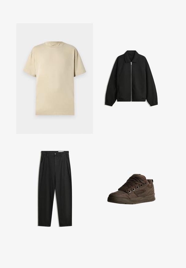 Schwarze Jacke aus strukturiertem Stoff, mit vollem Reißverschluss auf der Vorderseite, Kragen und elastischen Manschetten, im entspannten Schnitt und mit seitlichen Taschen.; Beige Baumwoll-T-Shirt mit Rundhalsausschnitt, kurzen Ärmeln und einer lockeren Passform. Sichtere Textur ohne sichtbare Muster oder Akzente.; Schwarze Baumwollhose mit lockerem Schnitt, ausgestattet mit einem klassischen Bund, vorderen Falten und Seiten taschen. Glatte Textur ohne Muster.; Braune Sportschuhe aus glattem synthetischem Material. Mit dicken Schnürsenkeln, Mesh-Akzenten, gepolstertem Schaft und strukturiertem Gummisohle.