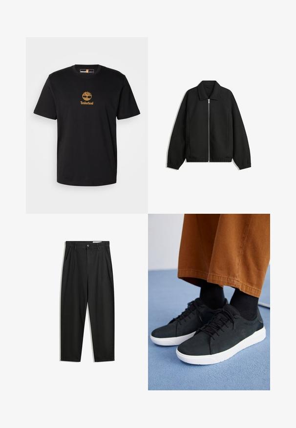Čierna bunda vyrobená z textúrovaného materiálu, s plným predným zipsom, golierom a elastickými manžetami, so voľnejším strihom a bočnými vreckami.; Čierne bavlnené tričko s gold logom stromu a textom "Timberland". Okrúhly výstrih a krátke rukávy, s hladkou textúrou.; Čierne bavlnené nohavice s voľným strihom, s klasickým pásom, prednými záhybmi a bočnými vreckami. Hladká textúra bez vzorov.; Čierne zamatové tenisky s bielymi gumovými podrážkami, so šnurovacím dizajnom, textúrovanými akcentami a decentným brandingom, skombinované s hnedými nohavicami.