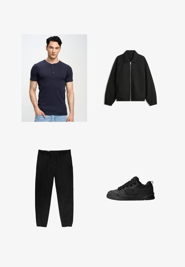 Fekete kabát texturált anyagból, teljes elöl cipzárral, gallérral és rugalmas mandzsettákkal, laza szabással és oldalsó zsebekkel.; Tengerészkék, rövid ujjú póló kerek nyakkal és öt gombos gombolással; testhezálló fazon; puha, sima textúra; világoskék farmerrel viselve.; Fekete, rugalmas derékpántos nadrág, zsinóros megkötéssel, tapered lábakkal, oldalsó zsebekkel és diszkrét oldalsó varrási részletekkel. Puha pamut anyagtextúra.; Fekete sportcipő texturált felsőrésszel, fűzőkkel, légáteresztő hálós részletekkel, párnázott bokarésszel és tartós talppal.