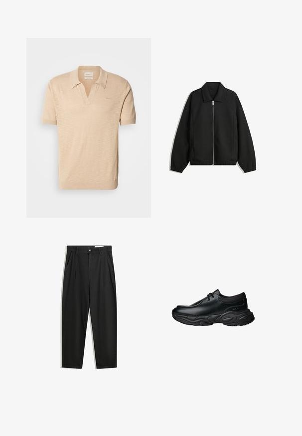 Čierna bunda vyrobená z textúrovaného materiálu, s plným predným zipsom, golierom a elastickými manžetami, so voľnejším strihom a bočnými vreckami.; Béžová polokošeľa s krátkym rukávom a výstrihom do V, vyrobená z textúrovanej tkaniny. Má jemné logo a rebrované detaily na leme.; Čierne bavlnené nohavice s voľným strihom, s klasickým pásom, prednými záhybmi a bočnými vreckami. Hladká textúra bez vzorov.; Čierne kožené slip-on topánky s okrúhlou špičkou a hrubou štruktúrovanou gumovou podrážkou. Obsahujú jemné prešitie a elastické akcenty v oblasti goliera.