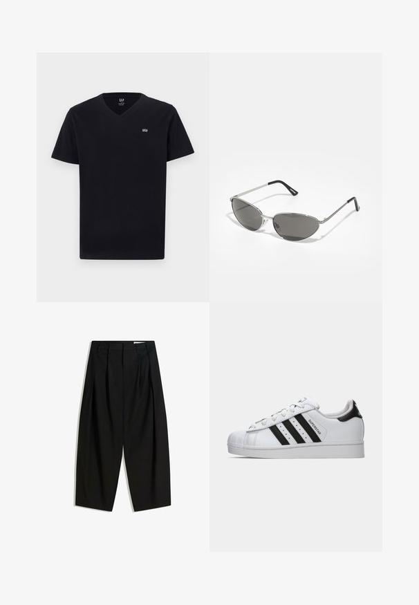 Black jacket made of textured fabric, featuring a full front zip, collar, and elastic cuffs with a relaxed fit and side pockets.; Black cotton t-shirt with a v-neck, short sleeves, and a small white embroidered logo on the left chest. Smooth texture, classic fit.; Black, high-waisted trousers with a wide, cropped leg, featuring pleats at the front for added texture and structure.; White Adidas Superstar sneaker with black stripes, shell toe, and "Superstar" text on the side, shown in left profile on white background.; Sunglasses with a sleek, silver metal frame, gray tinted lenses, and an aerodynamic design featuring pointed edges and thin arms.