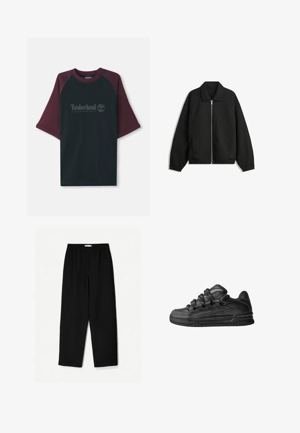 Musta takki, joka on valmistettu teksturoidusta kankaasta ja jossa on koko etuvetoketju, kaulus ja joustavat hihansuut. Takissa on rento istuvuus ja sivutaskut.; Mustapaita, jossa on viininpunaiset raglan-hihat. Esittelee "Timberland Highsnobiety" -logon harmaana, pyöreä pääntie ja lyhyet hihat. Puuvillasekoitemateriaali.; Mustat, leveät lahkeet tehty kevyestä kankaasta. Ominaisuuksiin kuuluu joustava vyötärö ja sileä tekstuuri. Ei näkyviä kuvioita tai kiinnikkeitä.; Mustat tennarit, joissa on sileä nahkapinta, teksturoituja yksityiskohtia ja pyöreät musta-valkoiset nauhat. Paksu kumipohja, jossa on kuvioitu pinta.