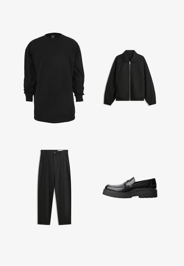 Sort jakke lavet af struktureret stof, med fuld frontlynlås, krave og elastiske mansjetter, i en afslappet pasform og sidelommer.; Sort langærmet t-shirt lavet af bomuld. Har en rund halsudskæring og almindelig pasform. Glat tekstur uden synlige mønstre eller detaljer.; Sorte bomuldsbukser med en afslappet pasform, der har en klassisk talje, frontfolder og sidelommer. Glat tekstur uden mønstre.; Sort læderloafer med kraftig sål og dekorativ rem henover, vist i venstre sideprofil på hvid baggrund.