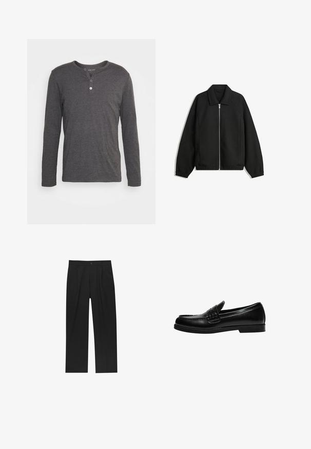 Zwarte jas van textuurstof, met een volledige rits aan de voorkant, een kraag, elastische manchetten, een ontspannen pasvorm en zijzakken.; Langarm, donkergrijze henley-shirt gemaakt van zachte stof, met een ronde halslijn, een knoopsluiting met drie knopen en een normale pasvorm.; Zwarte broeken met een recht model, gemaakt van een gladde stof. Voorzien van een voorplooien en een enkele knoopsluiting bij de taille.; Zwarte leren loafers met een gladde afwerking, voorzien van stiksel op de voorkant en een lage, stevige zwarte rubberen zool.