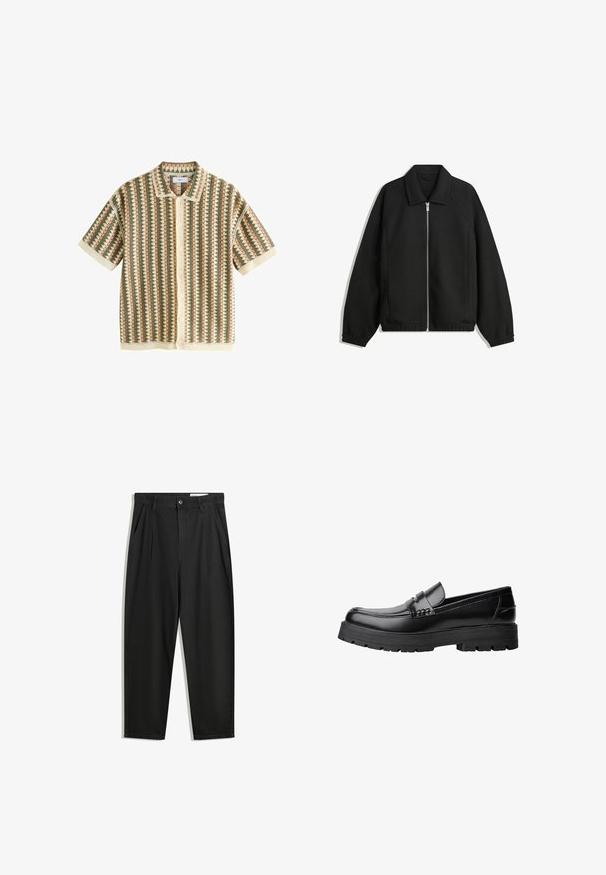 Black jacket made of textured fabric, featuring a full front zip, collar, and elastic cuffs with a relaxed fit and side pockets.; Next SHORT SLEEVE - Print T-shirt - neutral sage green; Black cotton trousers with a relaxed fit, featuring a classic waistband, front pleats, and side pockets. Smooth texture without patterns.; Black leather loafer with chunky treaded sole and decorative strap across the upper, shown in left side profile on white background.