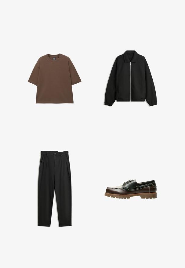 Zwarte jas van textuurstof, met een volledige rits aan de voorkant, een kraag, elastische manchetten, een ontspannen pasvorm en zijzakken.; Bruine oversize t-shirt van zachte katoen, met een ronde halslijn en korte mouwen. Naadloos ontwerp zonder extra patronen of accenten.; Zwarte katoenen broeken met een losse pasvorm, voorzien van een klassieke tailleband, voorplooien en zijzakken. Gladde structuur zonder patronen.; Bruine en zwarte leren boot schoen met veters, contrasterende stiksels en een gestructureerde rubberen zool. Voorzien van metalen ogen en een afgeronde neus.