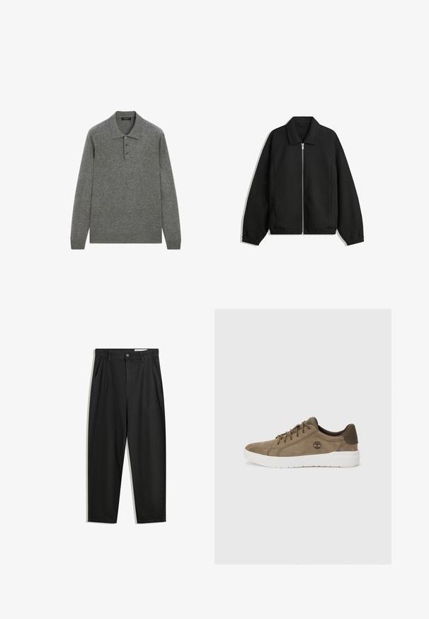 Sort jakke lavet af struktureret stof, med fuld frontlynlås, krave og elastiske mansjetter, i en afslappet pasform og sidelommer.; Grå langærmet polo skjorte lavet af blødt stof, med en klassisk krave og tre-knap lukning foran.; Sorte bomuldsbukser med en afslappet pasform, der har en klassisk talje, frontfolder og sidelommer. Glat tekstur uden mønstre.; Brune ruskindsneakers med hvide gummisåler, som har en rund tå, snørelukning og et lille logo på den ydre side.