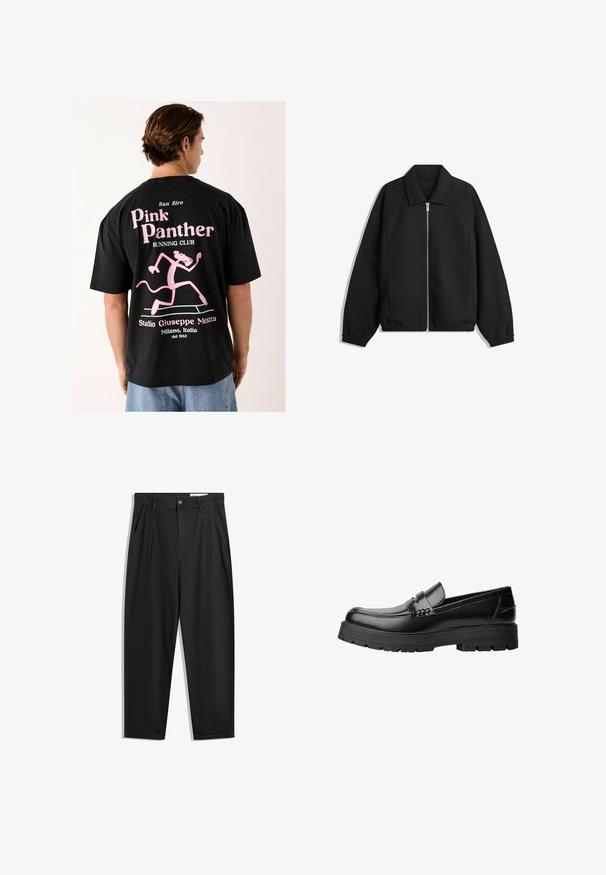 Jachetă neagră dintr-un material texturat, cu fermoar frontal complet, guler și manșete elastice, având o croială lejeră și buzunare laterale.; Tricou negru din bumbac cu un grafic mare al unei pantere roz din desene animate, textul "Clubul de alergare al panterei roz" și detalii despre Stadionul San Siro.; Pantaloni negri din bumbac cu croială lejeră, având un brâu clasic, plii frontale și buzunare laterale. Textură netedă fără modele.; Mocasini din piele neagră, cu talpă groasă și profilată și bandă decorativă pe partea superioară, prezentati din profil stâng pe fundal alb.