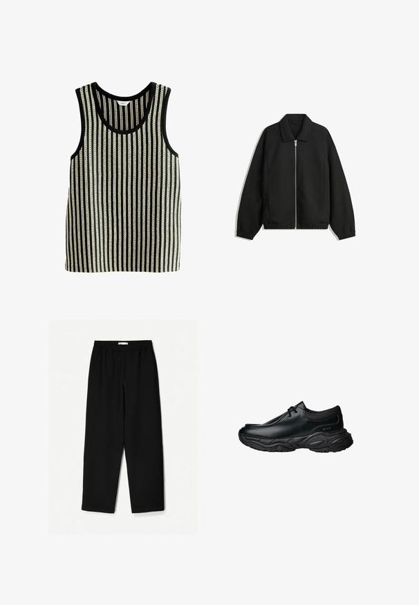 Črna jakna iz teksturirane tkanine, z dvostranskim zadrgo spredaj, ovratnikom in elastičnimi manšeti, sproščenega kroja in stranskimi žepi.; Črno-bela potiskana majica brez rokavov s krožnim izrezom. Tekstura prikazuje izmenične debele in tanke navpične črte.; Črne široke hlače iz lahkotnega materiala. Imajo elastičen pas in gladko teksturo. Brez vidnih vzorcev ali dodatkov.; Črne usnjene čevlje za enostavno obuvanje z zaobljenim nosom in debelim strukturiranim gumijastim podplatom. Imajo diskretne šive in elastične dodatke na ovratniku.