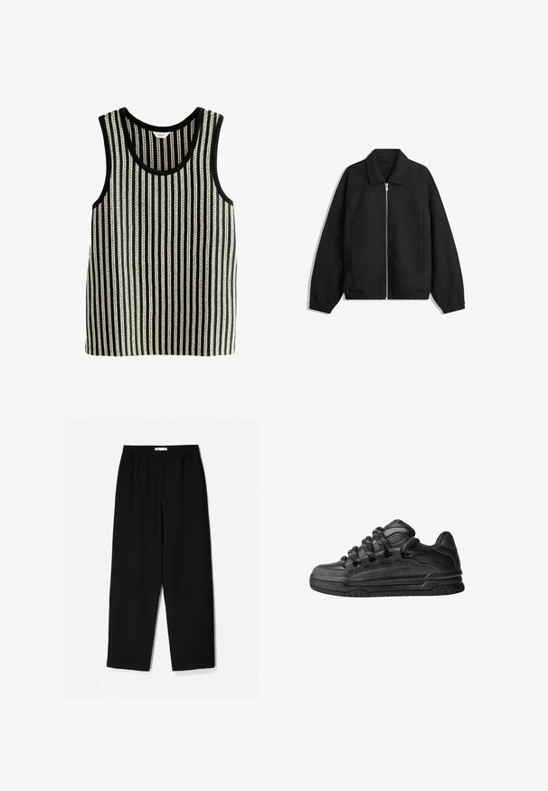 Čierna bunda vyrobená z textúrovaného materiálu, s plným predným zipsom, golierom a elastickými manžetami, so voľnejším strihom a bočnými vreckami.; Pruhovaný top bez rukávov v čierno-bielej farbe s okrúhlym výstrihom. Textúra obsahuje striedajúce sa hrubé a tenké vertikálne prúžky.; Čierne nohavice s širokými nohavicami vyrobené z ľahkej tkaniny. Majú elasticitu v páse a hladký povrch. Bez viditeľných vzorov alebo kovania.; Čierne tenisky s hladkým koženým zvrškom, štruktúrovanými akcentami a okrúhlymi čierno-bielymi šnúrkami. Hrubá gumená podrážka s vzorovaným dezénom.