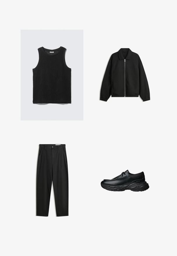Musta takki, joka on valmistettu teksturoidusta kankaasta ja jossa on koko etuvetoketju, kaulus ja joustavat hihansuut. Takissa on rento istuvuus ja sivutaskut.; Mustat hihattomat toppi, jossa on ribbitekstuuri, pyöristetty pääntie ja suora helma. Labeli lukee "WEEKDAY" pääntiellä.; Mustat puuvillahousut rentoa mallia, joissa on klassinen vyötärö, etukangastukset ja sivutaskut. Sileä pinta ilman kuvioita.; Mustat nahkaiset liukujalkineet, joissa on pyöreä varvas ja paksu teksturoitu kumipohja. Ominaisuuksiin kuuluu hienovarainen ompelu ja joustavat yksityiskohdat kauluksessa.