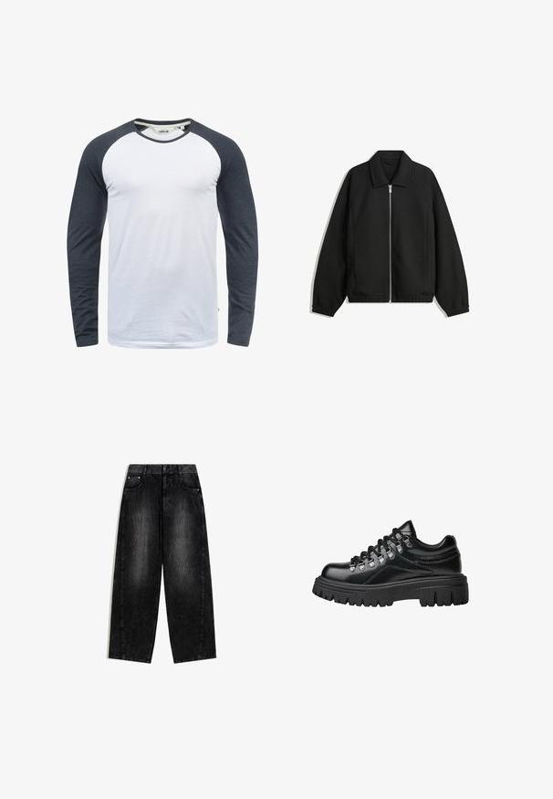 Black jacket made of textured fabric, featuring a full front zip, collar, and elastic cuffs with a relaxed fit and side pockets.; Long-sleeve t-shirt with a white body and dark gray raglan sleeves. Made of smooth fabric with a rounded neckline and subtle stitching details.; Black wide-leg jeans made of denim, featuring a washed texture, frontal pockets, and silver hardware accents. Classic button closure at the waist.; Black chunky sole leather hiking shoe with metal eyelets and thick black laces, side view on white background.