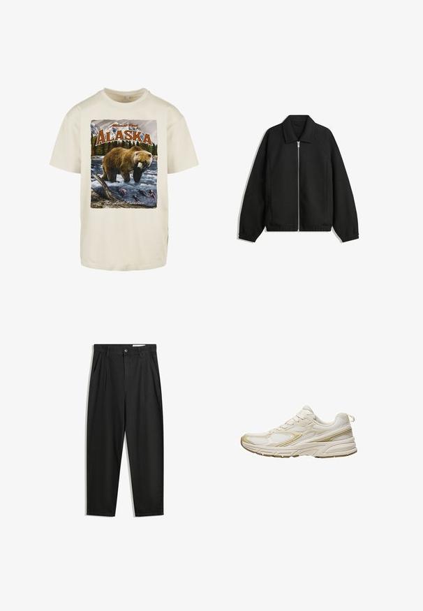 Čierna bunda vyrobená z textúrovaného materiálu, s plným predným zipsom, golierom a elastickými manžetami, so voľnejším strihom a bočnými vreckami.; Krémová bavlnená tričko s grafickým potlačou hnedého medveďa vo vode, hôr a stromov, s nápismi "Aljaška" a "Posledná hranica."; Čierne bavlnené nohavice s voľným strihom, s klasickým pásom, prednými záhybmi a bočnými vreckami. Hladká textúra bez vzorov.; Biele športové topánky vyrobené z textílie a syntetického materiálu, s oble zakrivenou špičkou, polstrovanou podrážkou a béžovými akcentmi po stranách.