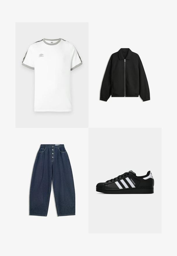 Black jacket made of textured fabric, featuring a full front zip, collar, and elastic cuffs with a relaxed fit and side pockets.; White short-sleeve T-shirt with gray collar and cuffs, black and gray stripes on sleeves, and Umbro logo on the chest.; Dark blue denim wide-leg trousers with a high waist, five-button closure, and five pockets. Features stitching accents on seams.; Black Adidas Superstar sneaker with white stripes, shell toe, and "Superstar" text on side, shown in side profile on white background.