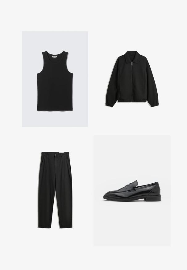 Sort jakke lavet af struktureret stof, med fuld frontlynlås, krave og elastiske mansjetter, i en afslappet pasform og sidelommer.; Sort bomulds tanktop med ribbet tekstur, der har en rund udskæring og brede ærmegab. Mærket er synligt ved halsen.; Sorte bomuldsbukser med en afslappet pasform, der har en klassisk talje, frontfolder og sidelommer. Glat tekstur uden mønstre.; Sorte læder loafers med en glat overflade, der har en rund tå og en smal bånd over det øverste. Lav stablet hæl.