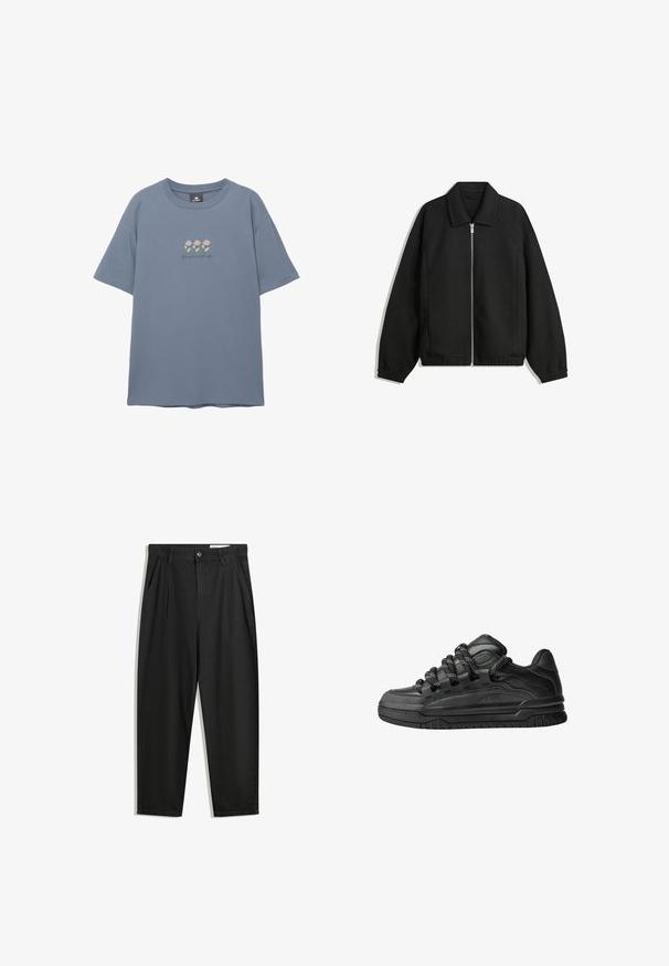 Černá bunda vyrobená z texturované látky, s plným předním zipem, límcem a elastickými manžetami, s volným střihem a bočními kapsami.; Světle modré bavlněné tričko s krátkými rukávy, představující vyšívaný květinový vzor s růžovými květy a zelenými stonky na hrudi.; Černé bavlněné kalhoty s uvolněným střihem, klasickým pasem, předními záhyby a bočními kapsami. Hladká textura bez vzorů.; Černé tenisky s hladkým koženým svrškem, texturovanými akcenty a kulatými černobílými tkaničkami. Silná gumová podrážka s vzorovaným dezénem.