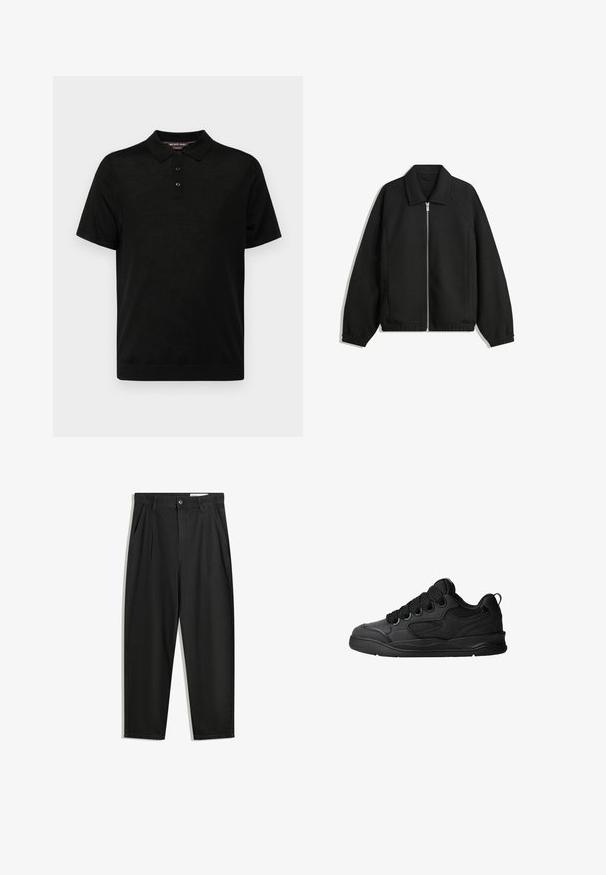 Černá bunda vyrobená z texturované látky, s plným předním zipem, límcem a elastickými manžetami, s volným střihem a bočními kapsami.; Černá polo tričko s krátkým rukávem vyrobené z hladké látky, s klasickým límečkem, popruhem na tři knoflíky a přiléhavým střihem.; Černé bavlněné kalhoty s uvolněným střihem, klasickým pasem, předními záhyby a bočními kapsami. Hladká textura bez vzorů.; Černé tenisky s texturovaným svrškem, obsahující šněrování, síťované detaily pro prodyšnost, polstrovaný límec a pevnou podrážku.