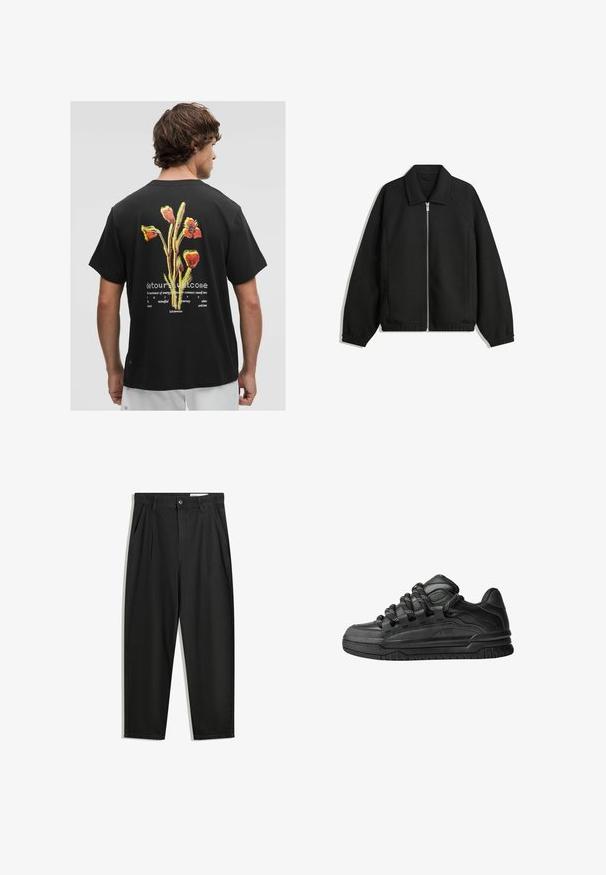Czarna kurtka z teksturowanej tkaniny, z pełnym zamkiem z przodu, kołnierzem i elastycznymi mankietami, o luźnym kroju i kieszeniach po bokach.; Czarna bawełniana koszulka z kolorową grafiką kwiatową na plecach, z białym tekstem poniżej, oraz okrągłym dekoltem. Krótkie rękawy.; Czarne bawełniane spodnie o luźnym kroju, z klasycznym pasem, przednimi plisy oraz bocznymi kieszeniami. Gładka struktura, bez wzorów.; Czarne sneakersy z gładką skórzaną cholewką, teksturowanymi akcentami i okrągłymi czarno-białymi sznurowadłami. Gruba gumowa podeszwa z wzorzystym bieżnikiem.